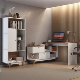 Kit 2 Peças com Escrivaninha em L e Estante 1 Porta Retrô Branco/Nogal em Oferta na Shopee