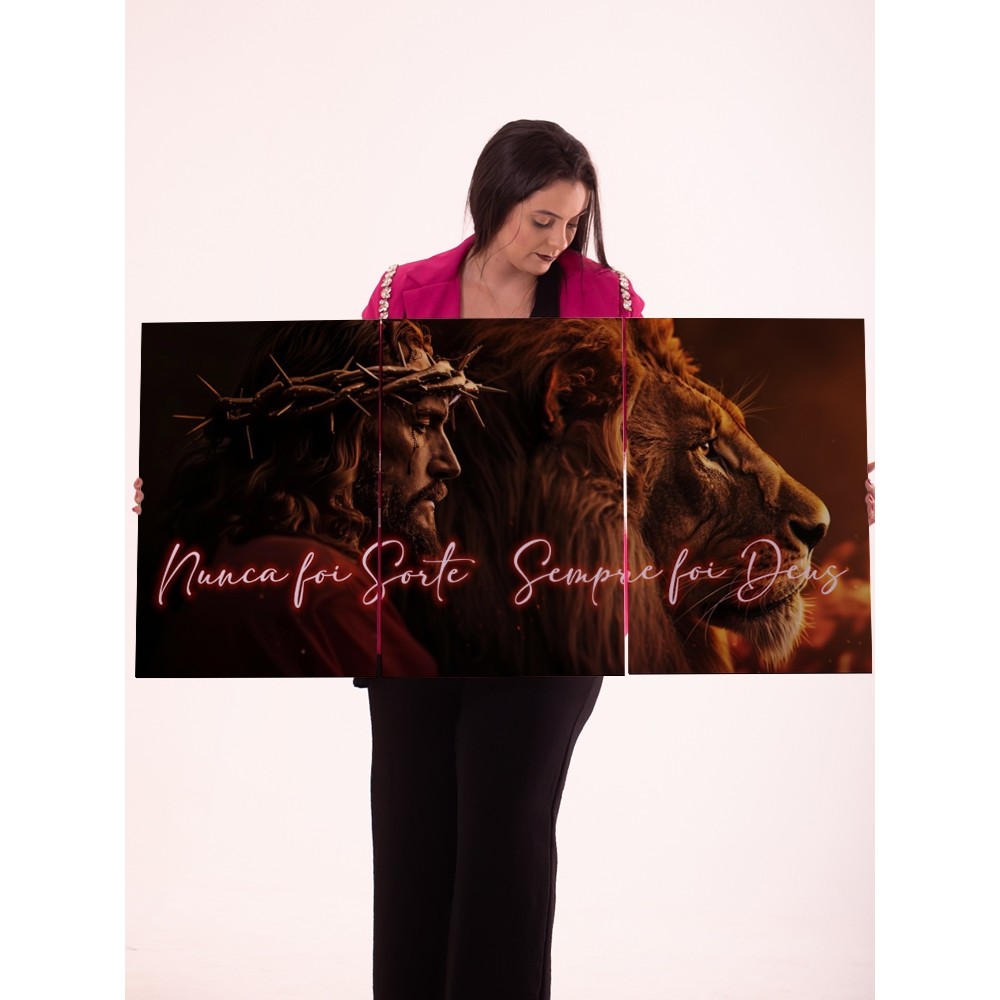 Quadro Decorativo 3 Peças Jesus Cristo Leão Mosaico Religioso Frase Nunca Foi Sorte Sempre Foi Deus