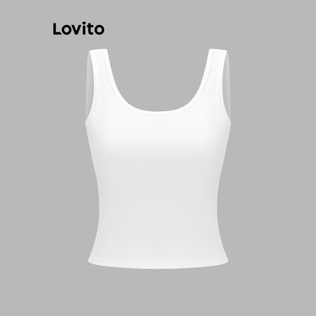 Detalhes do Lovito Regata Elegante Lisa Cruzada Regata Básica Para Mulheres L65ED047 (Rosa Quente/Branco/Vermelho/Verde/Preto)