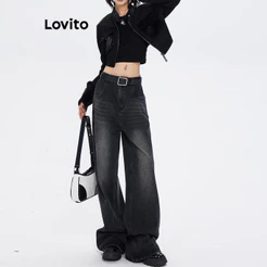 (Lovito x Glenda) Casual Jeans Femininos Com Botão Liso E Bolso Frontal Com Zíper LNA49080