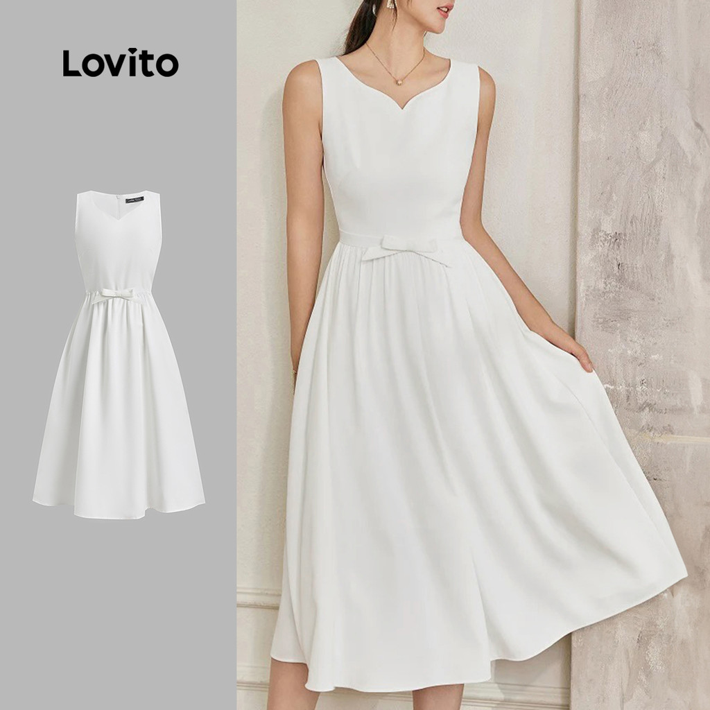 (NEW) Lovito Vestido Elegante com Laço Na Frente Simples para Primavera/verão Off-white para mulheres L155ED1143