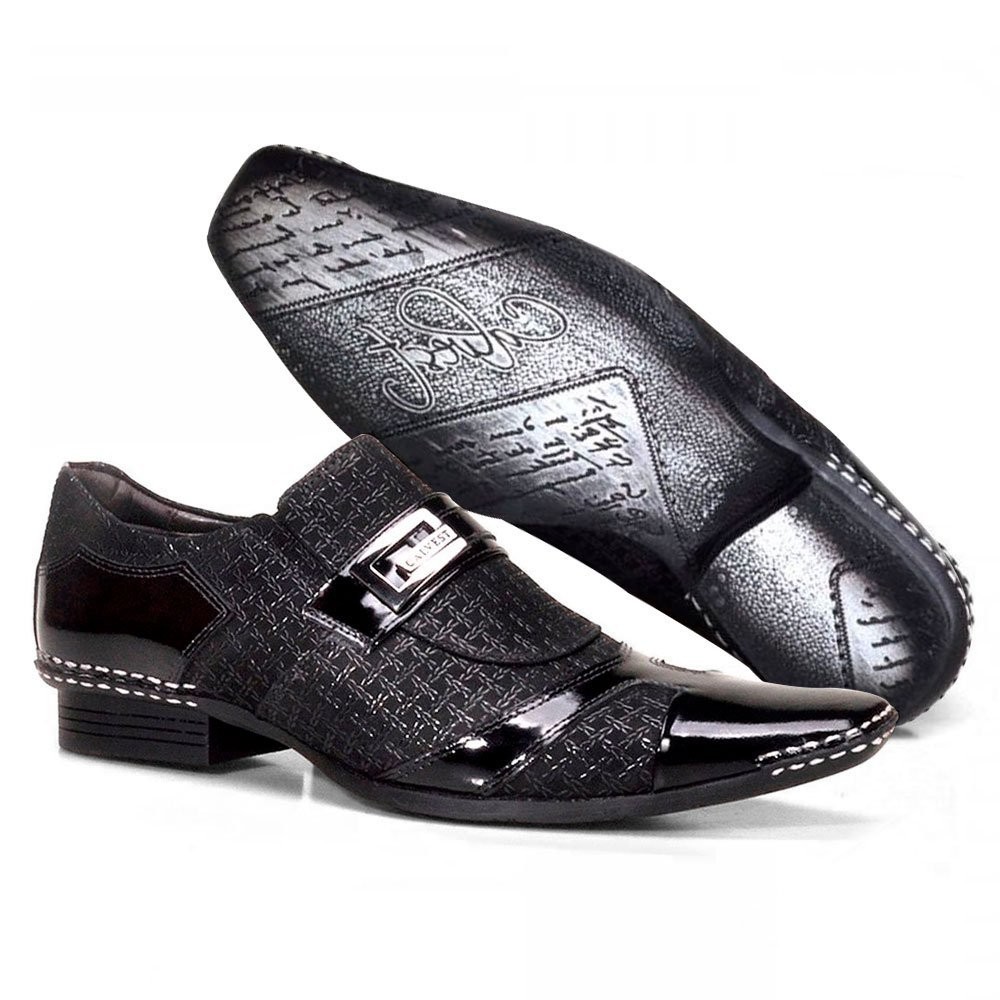 Sapato Social Masculino Calvest em Couro Viena Preto com detalhes Verniz - 1750C223-PTO
