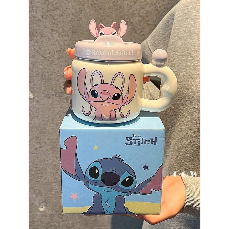 Disney disney Stitch caneca de cerâmica com tampa casal café copo de água feminino alto valor presente de aniversário do