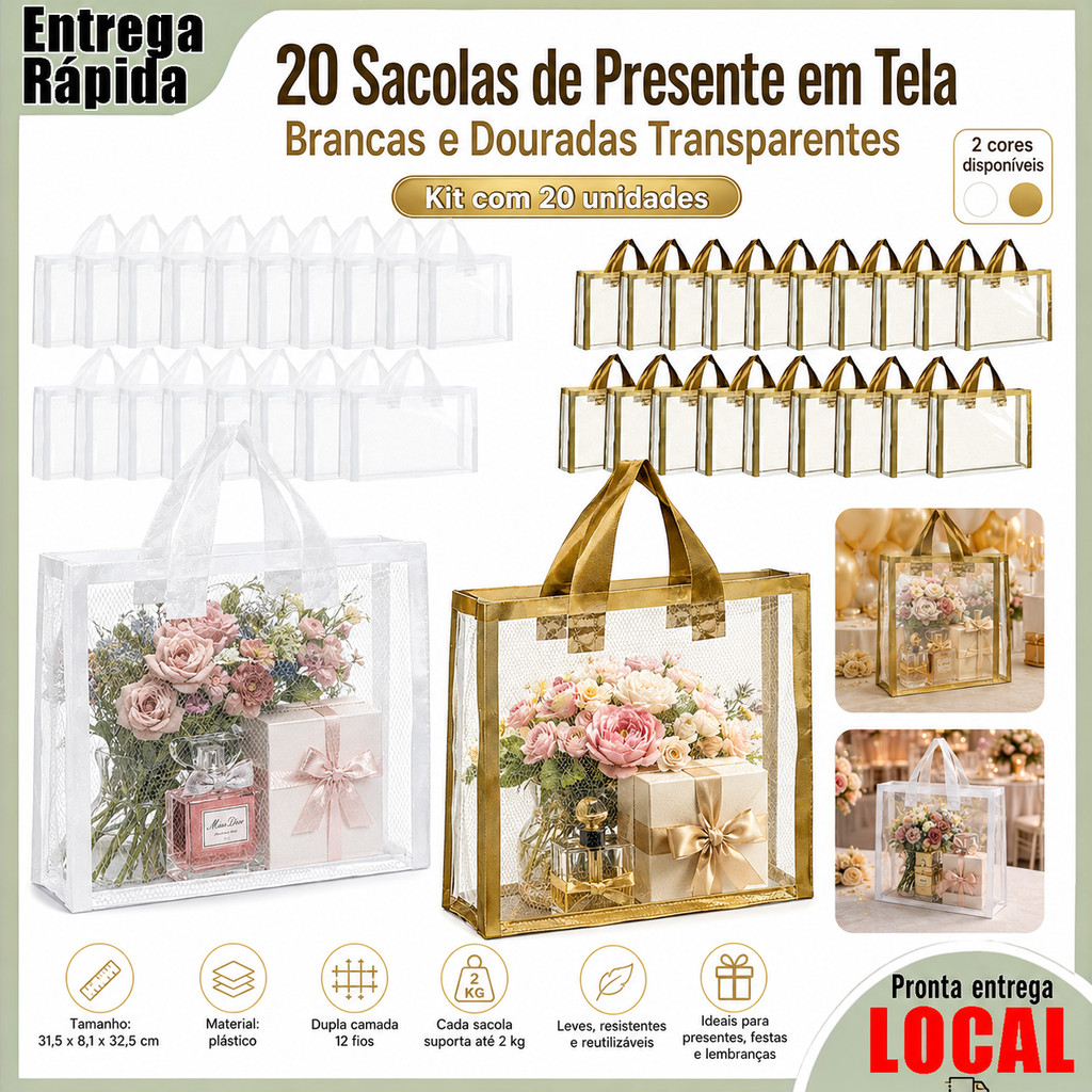 20 sacos de presente de malha transparente materiais plásticos brancos/dourado (31.5 * 8.1 * 32.5 cm) portátil