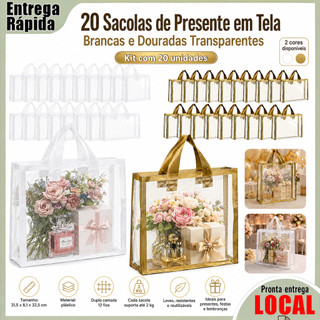 20 sacos de presente de malha transparente materiais plásticos brancos/dourado (31.5 * 8.1 * 32.5 cm) portátil