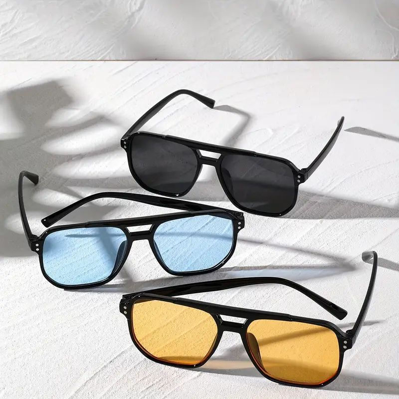 Conjunto de três peças de óculos de sol retrô com armação dupla, lentes oceânicas de armação grande, óculos de sol elega