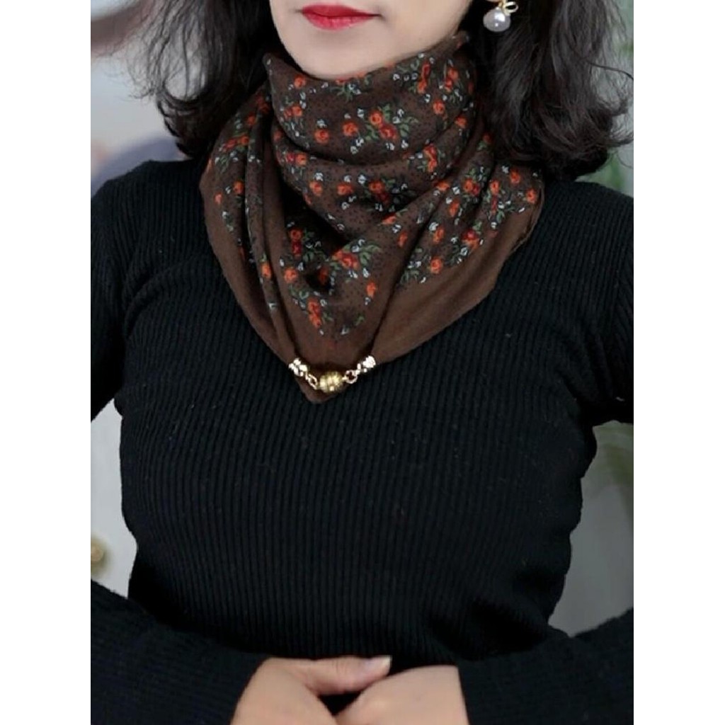 Elegante colar falso temperamento pescoço proteção de seda algodão feminino impressão em forma de papel 65*65 fivela mag