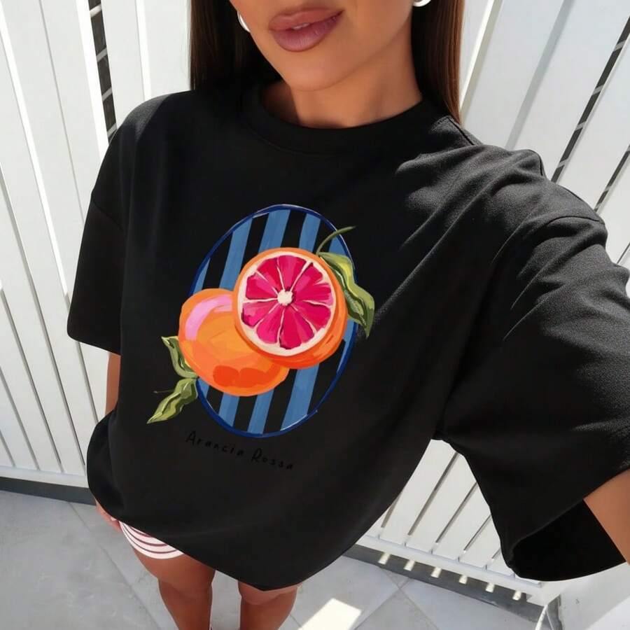 Camiseta Camisa 100% Algodão Blusa Oversized Moda Feminina Estilosa Confortavel Frutas Tropicais Tangerina