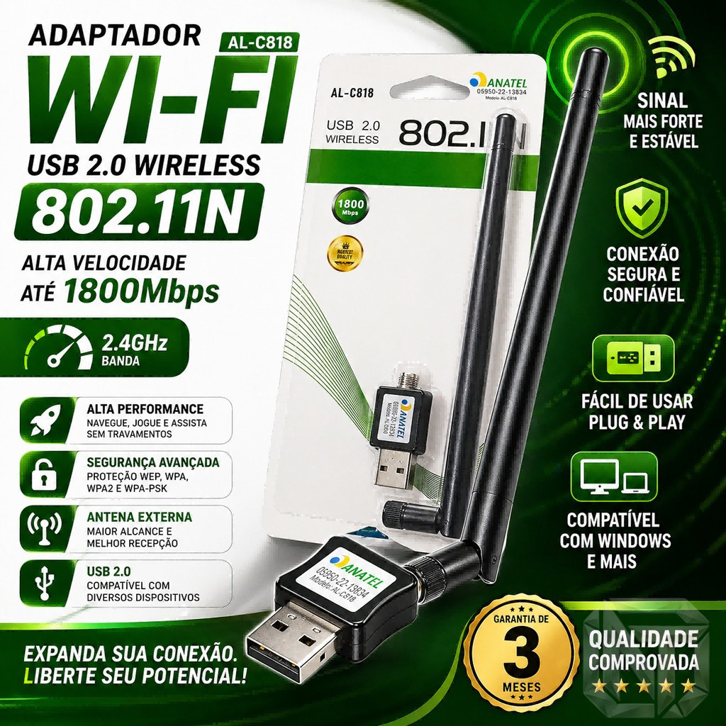 Antena Wi-fi Adaptador Wireless 1800mb/s Usb Pc Notebook - AL-C818 ALTOMEX