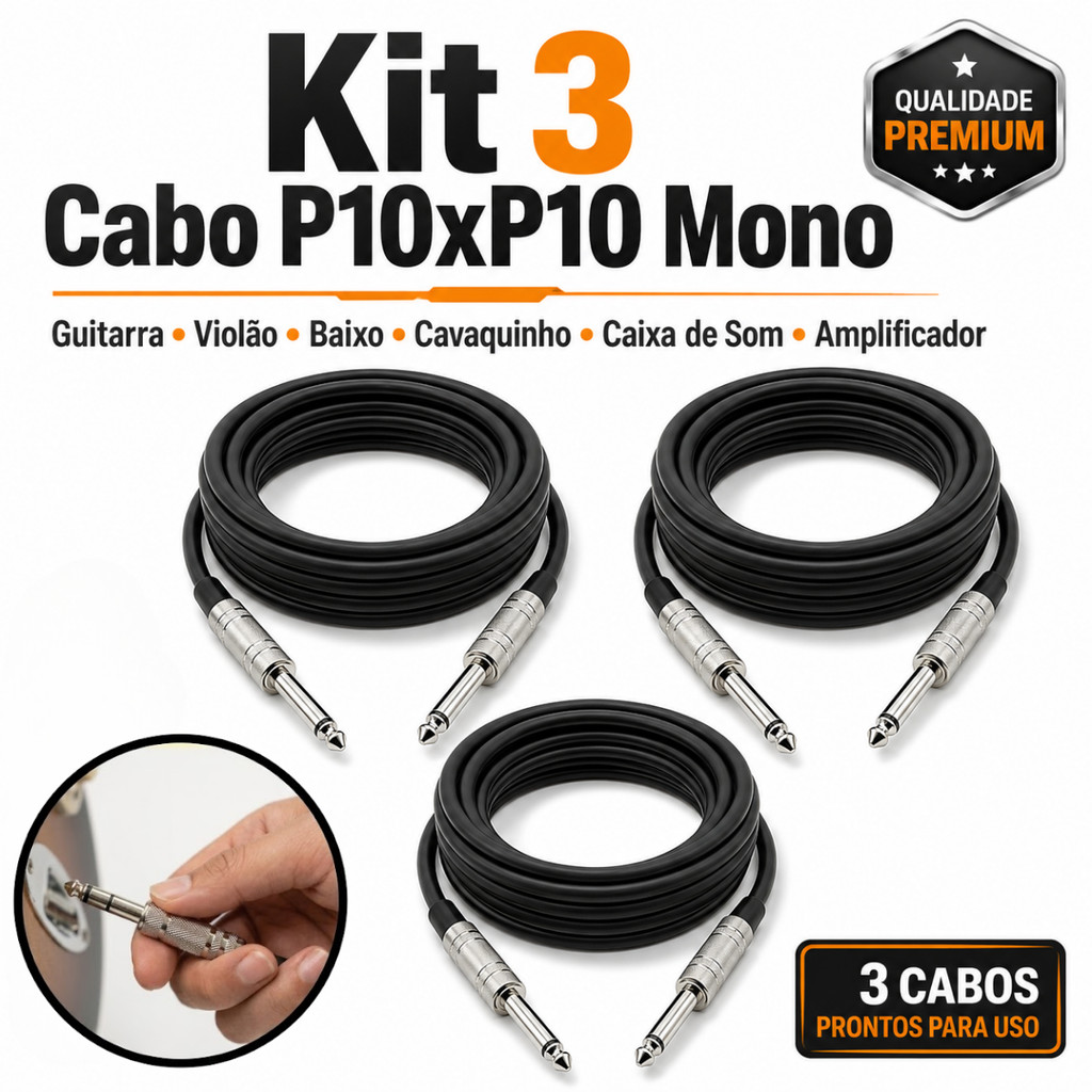 Kit 3 Cabo P10xP10 Mono Guitarra Violão Baixo Cavaquinho Caixa Som Amplificador Premium