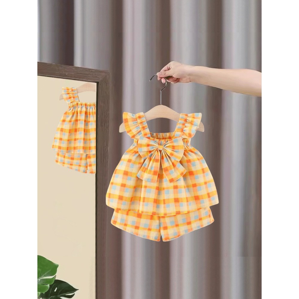 Meninas verão xadrez terno 2026 novo estilo Super bonito estilo fino moda bebê crianças roupas de verão na moda