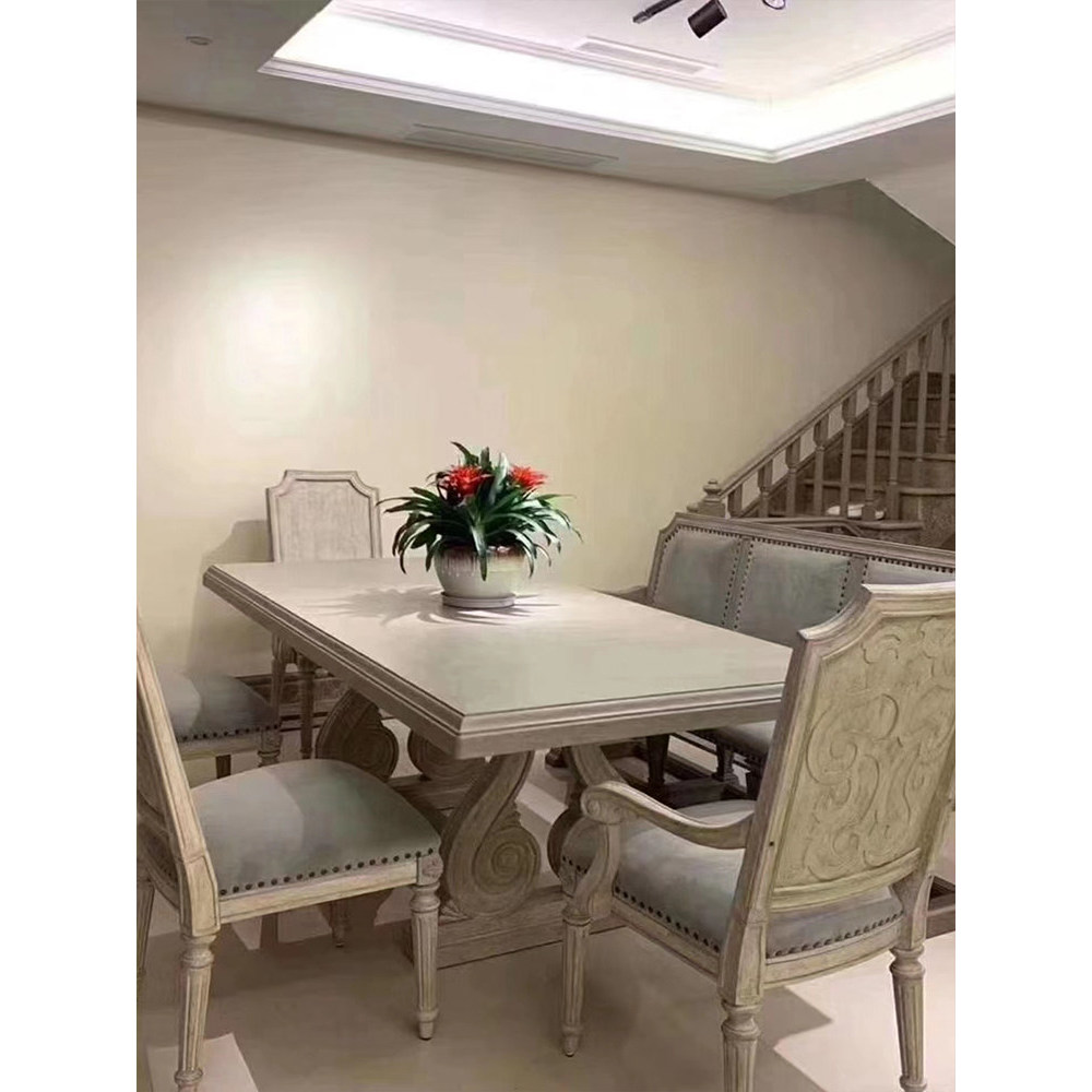 Mesa de jantar de madeira maciça de luxo com luz americana, cadeira para sala de estar esculpida, coluna romana antiga,