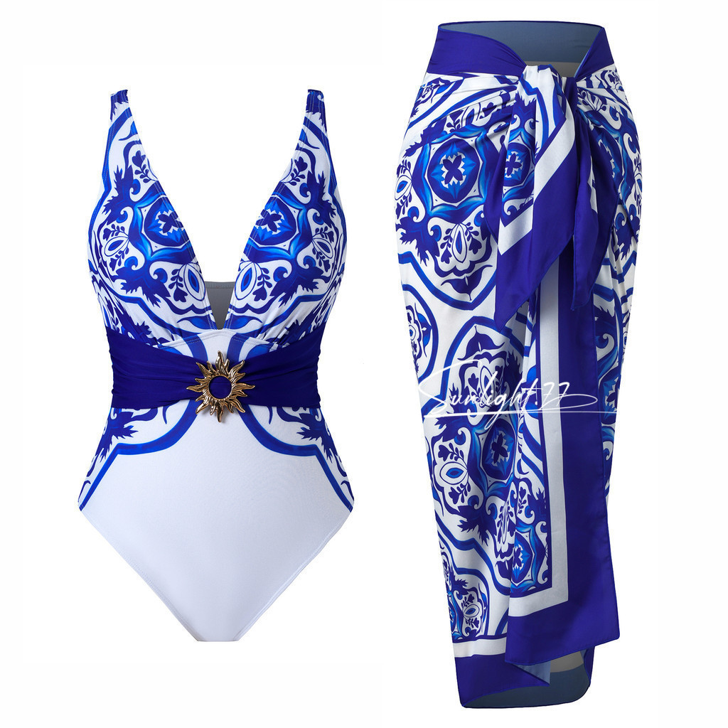 Conjunto de maiô inteiro com estampa de porcelana azul e branca, vestido de praia sexy para mulheres, biquíni para ativi