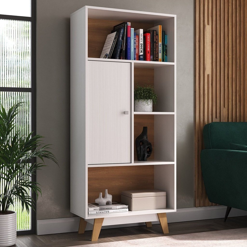 Estante de Livros 68CMX153CM Pés em Madeira Maciça 1 Porta 3 Prateleiras Pequim Branco/Nogal Branco/Nogal