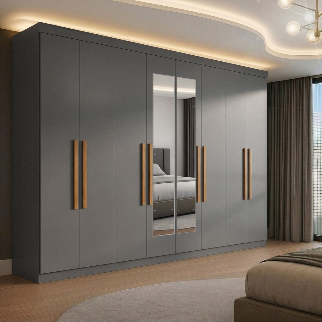 Guarda-Roupa Casal com Espelho 8 Portas 4 Gavetas Paris Cinza/Onix Ônix