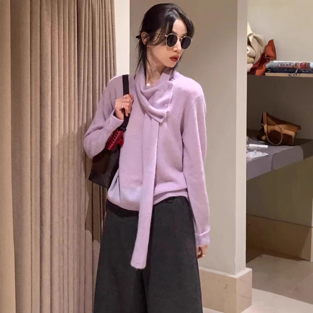 Lilac purple wool knit sweater with scarf for women, chic and versatile, suitable for autumn and winter