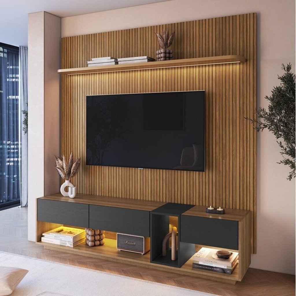 Rack com Painel Ripado para TV até 75 Polegadas com LED 185,5CMX228,4cm Liverpool RA8001 e Impressão Ripada 3D Yescasa