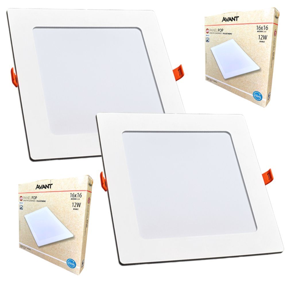 Kit 2 Painéis Plafon Quadrado Embutir 12W Luz Branca 6500K Luminária de Gesso Forro 127v 220v Avant