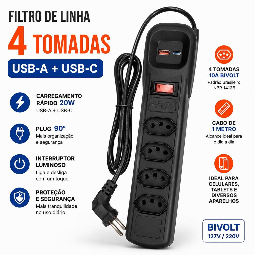 Filtro de Linha régua 4 Tomadas Bivolt Usb A+C 20W 90 Graus 10 amperes protetor contra surtos