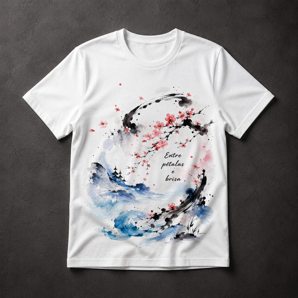 Camiseta Masculina Flor de Cerejeira Japonesa Arte Sumi-ê Entre Pétalas e Brisa Oriental