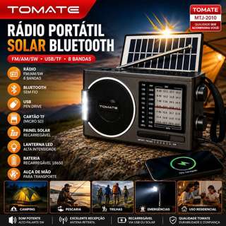 Rádio Portátil Solar Bluetooth FM AM SW 8 Bandas USB TF Card Lanterna LED Recarregável Tomate MTJ-2010