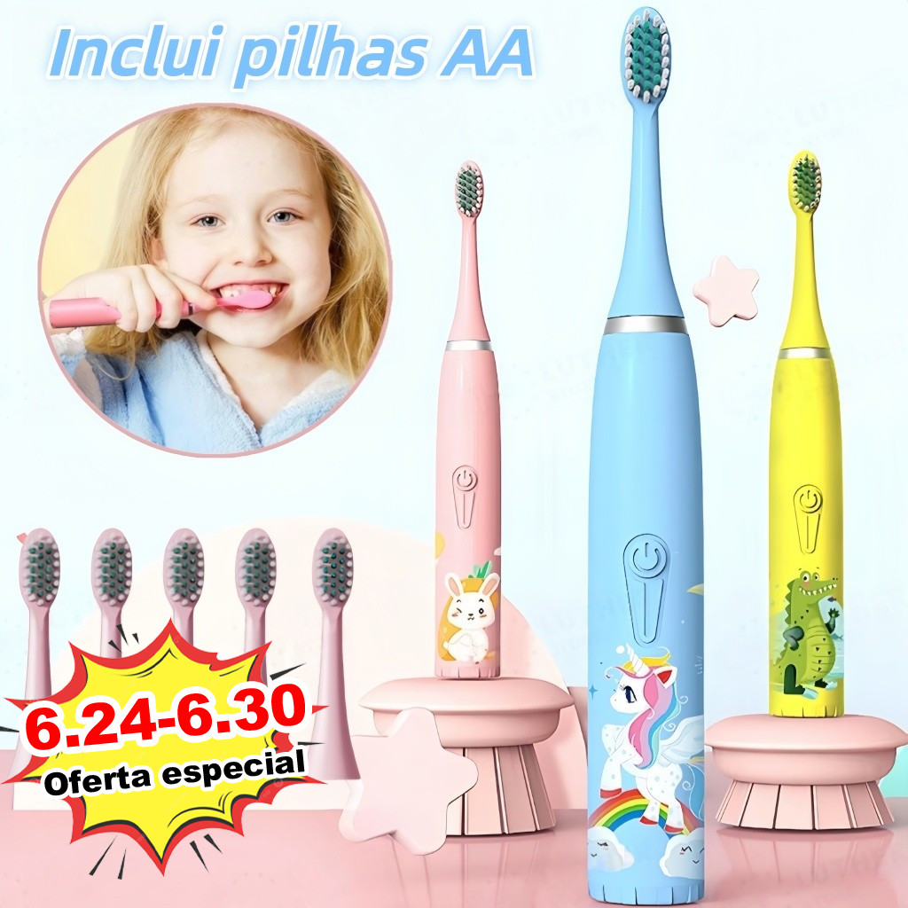 Escova Dental Elétrica Ultra-Sônica Para Crianças Acústica Onda Fofa Cabelos Suaves Dupla Face Limpa Cuidados