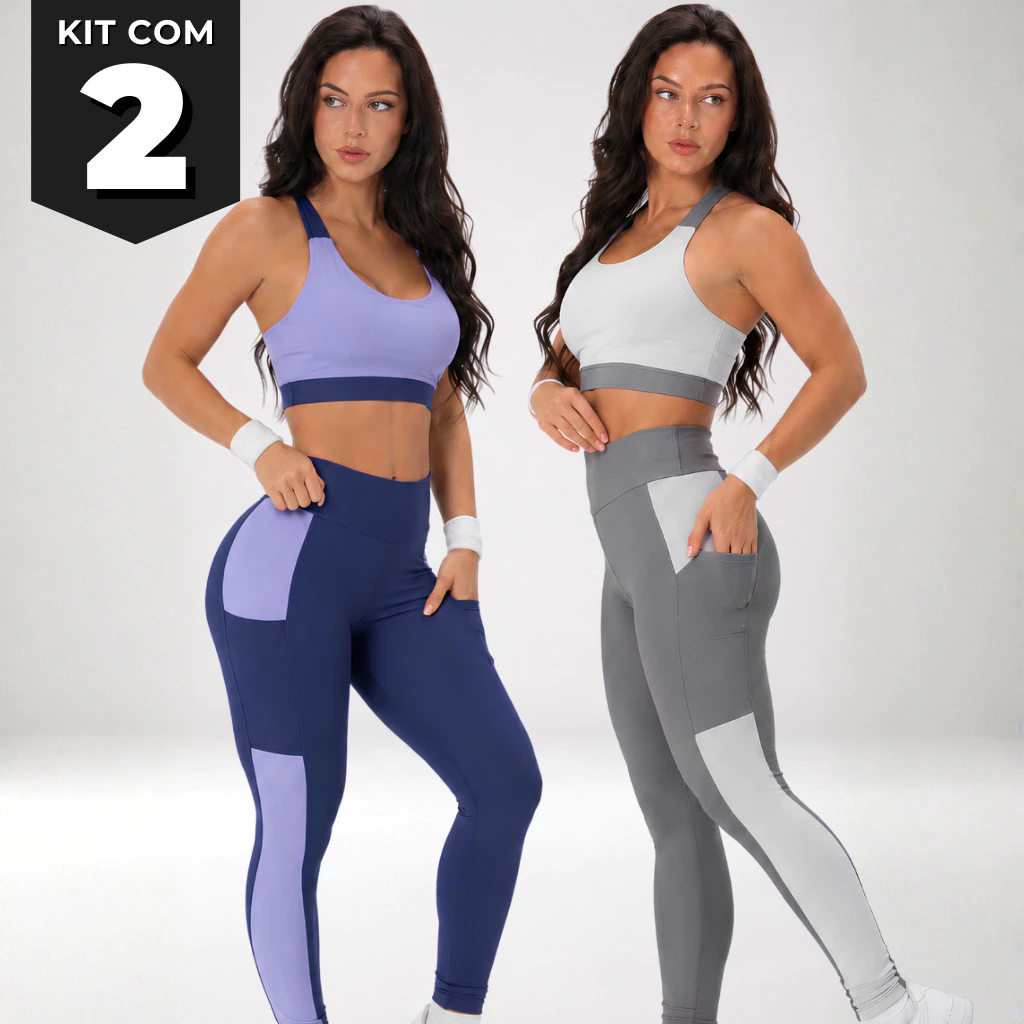 2 Conjuntos Fitness Feminino Bicolor Sem Transparência Top Bojo Legging Cós Alto Suplex Premium — imagem 1