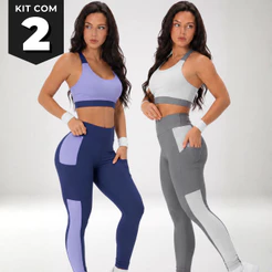 2 Conjuntos Fitness Feminino Bicolor Sem Transparência Top Bojo Legging Cós Alto Suplex Premium