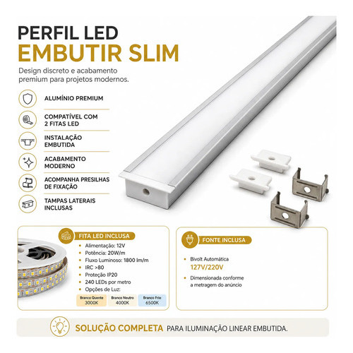 Perfil Led 1m Embutir 30x10 Alumínio C/ Duas Fitas + Fonte Branco 4000k Branco Neutro - Branco