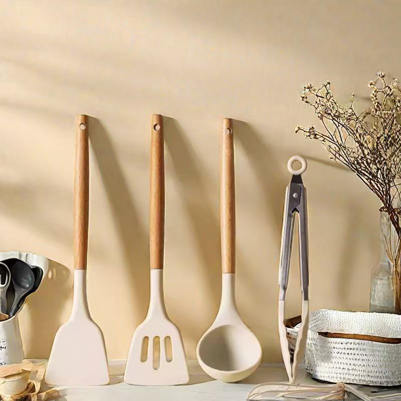 Conjunto De Utensílios De Cozinha De Silicone Branco , 3 Peças , Cabo De Madeira , Espátula Antiaderente