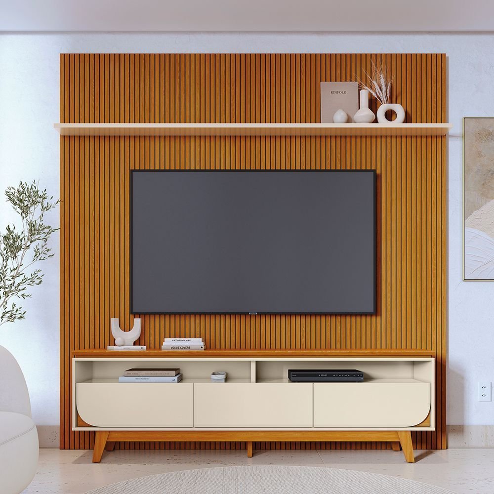 Rack com Painel para TV até 75 Polegadas MDF 238CMX307CM Frisado Frisado Luna Marrom Cinamomo/Off White