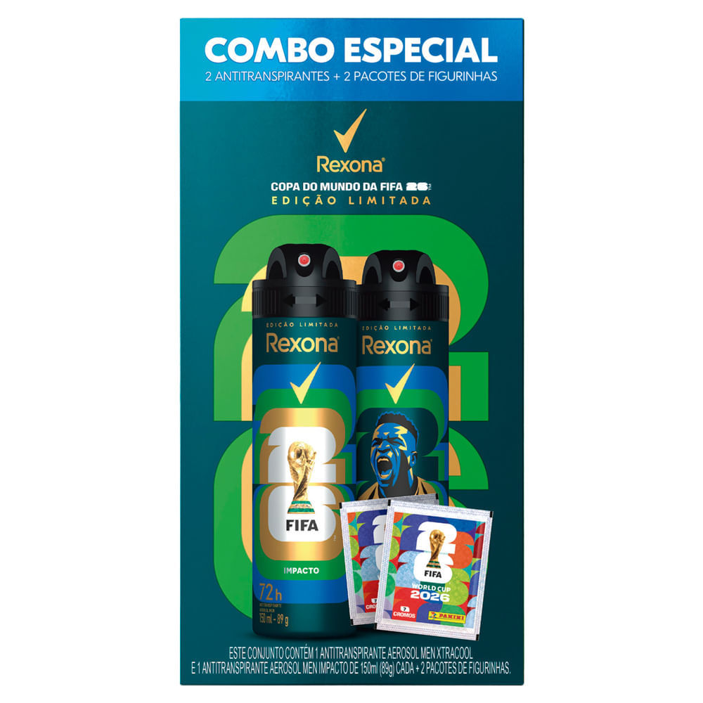 Imagem Desodorante Rexona Men Xtracool e Impacto 150ml cada Copa do Mundo Fifa 2026 Edição Limitada e 2 Pacotes de Figurinhas