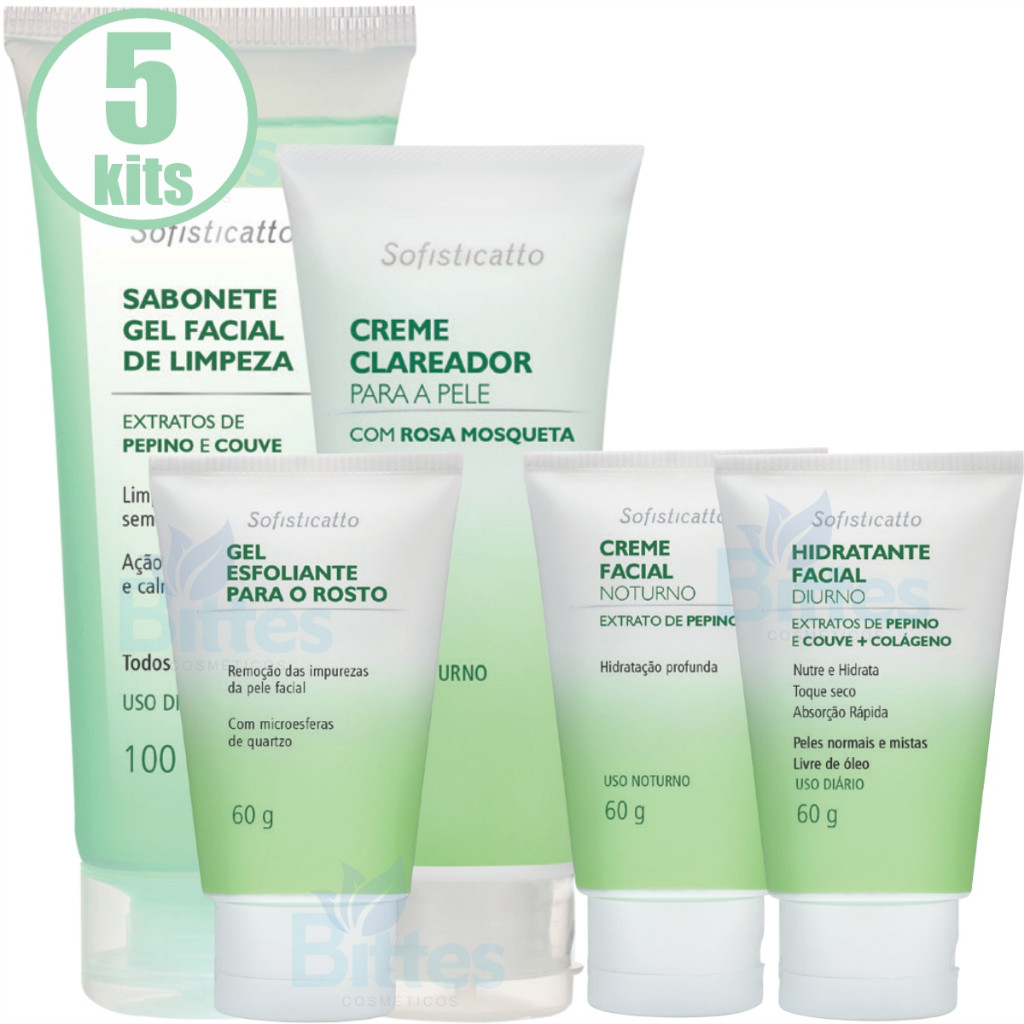 5 KIT FACIAL PEPINO E COUVE SOFISTICATTO COSMÉTICOS SKINCARE USO DIÁRIO