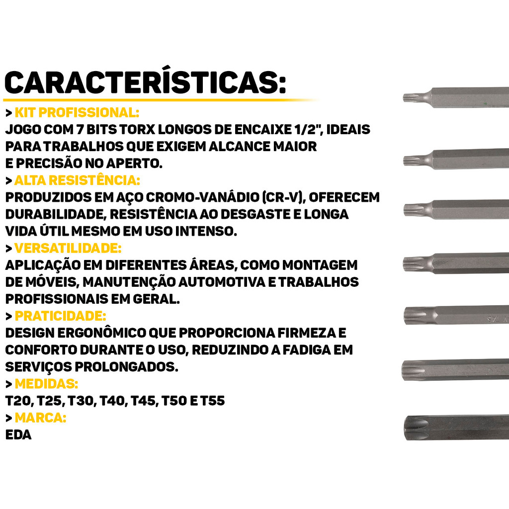 Jogo De Bits Torx Longos Encaixe 1/2 Cr-v 7 Peças Profissional Resistente Ferramenta Mecânica Automotiva Reparos Eda · foto 2