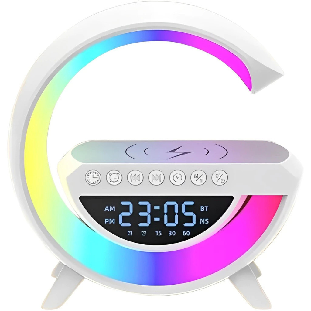 Mini Caixa de Som com Relógio e Luminária G RGB Colorida Bluetooth Carregamento por Indução