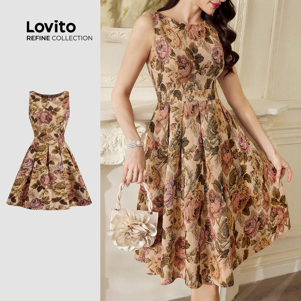(New) (Lovito Refine) Vestido Elegante Retrô de Pregas para Primavera/verão para Mulheres LR18E101 em Oferta na Shopee