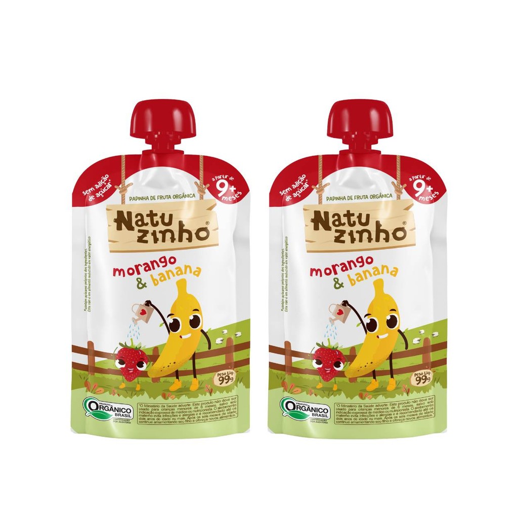 Kit Papinha Organica Natuzinho Morango Banana Bebe 2 unid