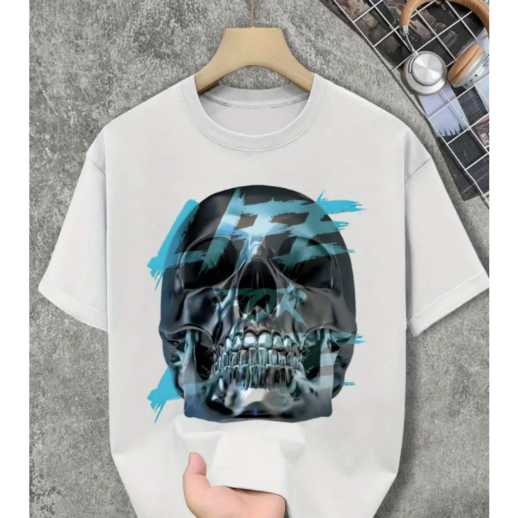 Bonito Camiseta Masculina Retrô Hip Hop Com Estampa De Caveira, Camiseta Casual De Algodão Confortável Estilo Streetwear