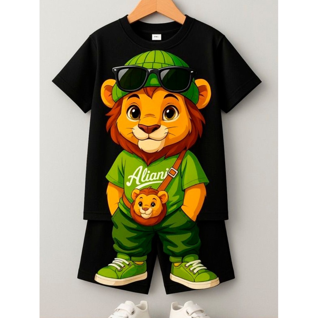 Conjunto Leão Estiloso Infantil Camiseta Bermuda Estampa Moderna Importado
