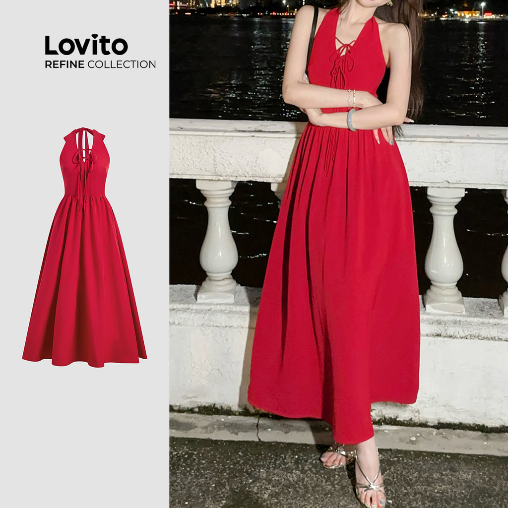 (Lovito Refine) Vestido Casual Vermelho Com Laço E Amarração Para Primavera/verão LR18E038 em Oferta na Shopee