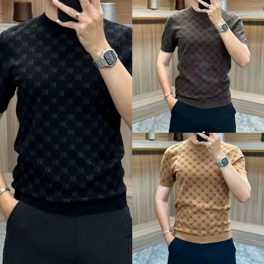 Camiseta de manga curta moda gelo seda malha meia manga masculina em torno do pescoço bonito topo