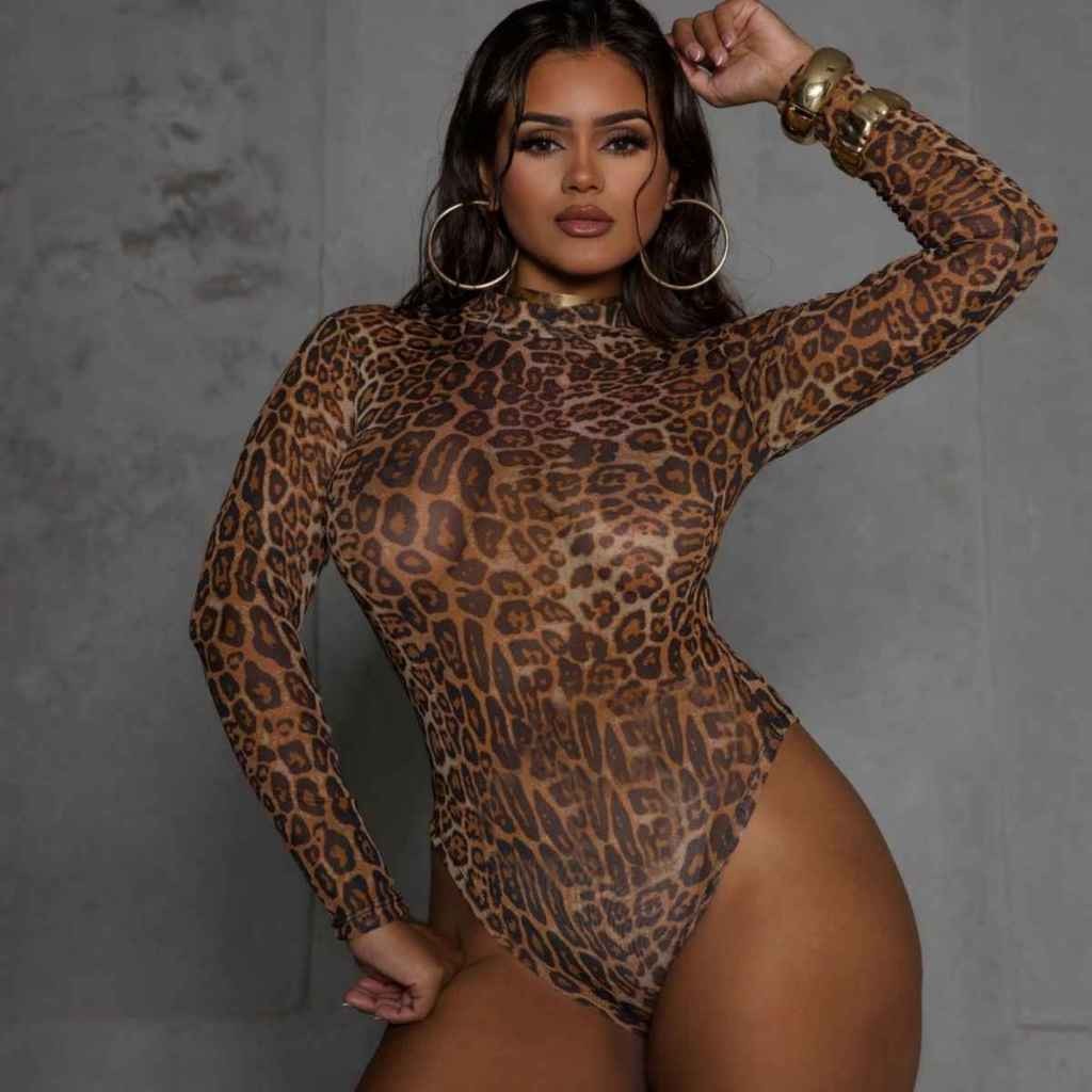 Body Feminino Tule Animal Print Oncinha Manga Longa Elegante Moda Blogueira