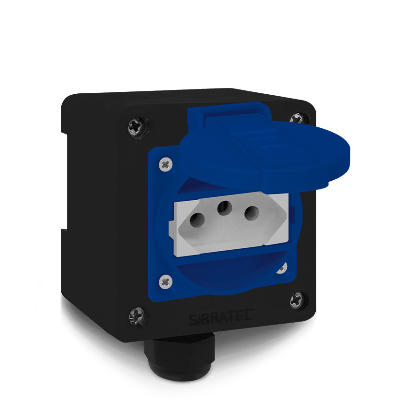 Tomada Azul Tampa 2p+t 10A e 20a + Caixa Preta Sobrepor Trilho Din