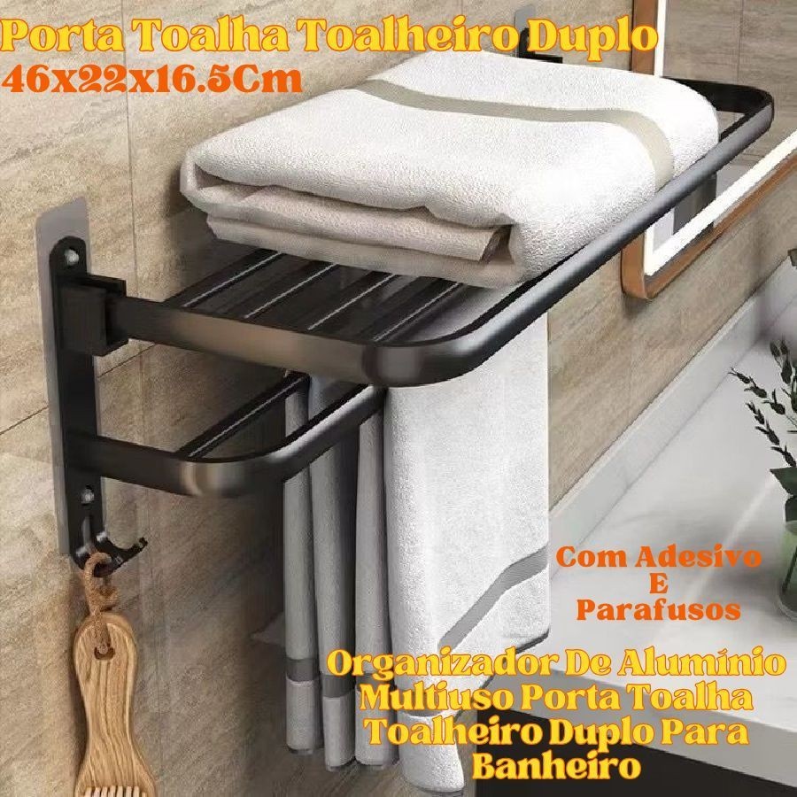 Organizador De Alumínio Porta Toalha Toalheiro Duplo Banheiro Multiuso 46x22x16.5 Preto Com Adesivo