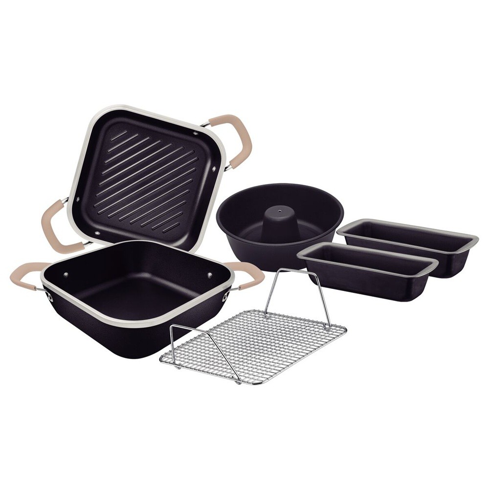 CONJUNTO 6 PEÇAS TRAMONTINA LYON 3 FORMA 1 CAÇAROLA 1 GRELHA ALUMÍNIO FORJADO CHUMBO ALÇA BEGE