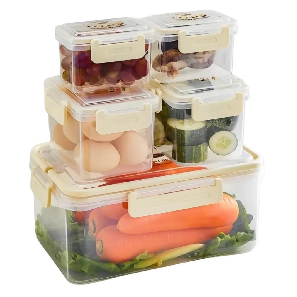 KIT 5 POTES HERMETICOS COM TRAVA LATERAL ORGANIZADOR GELADEIRA CESTO MARMITA LIVRE BPA