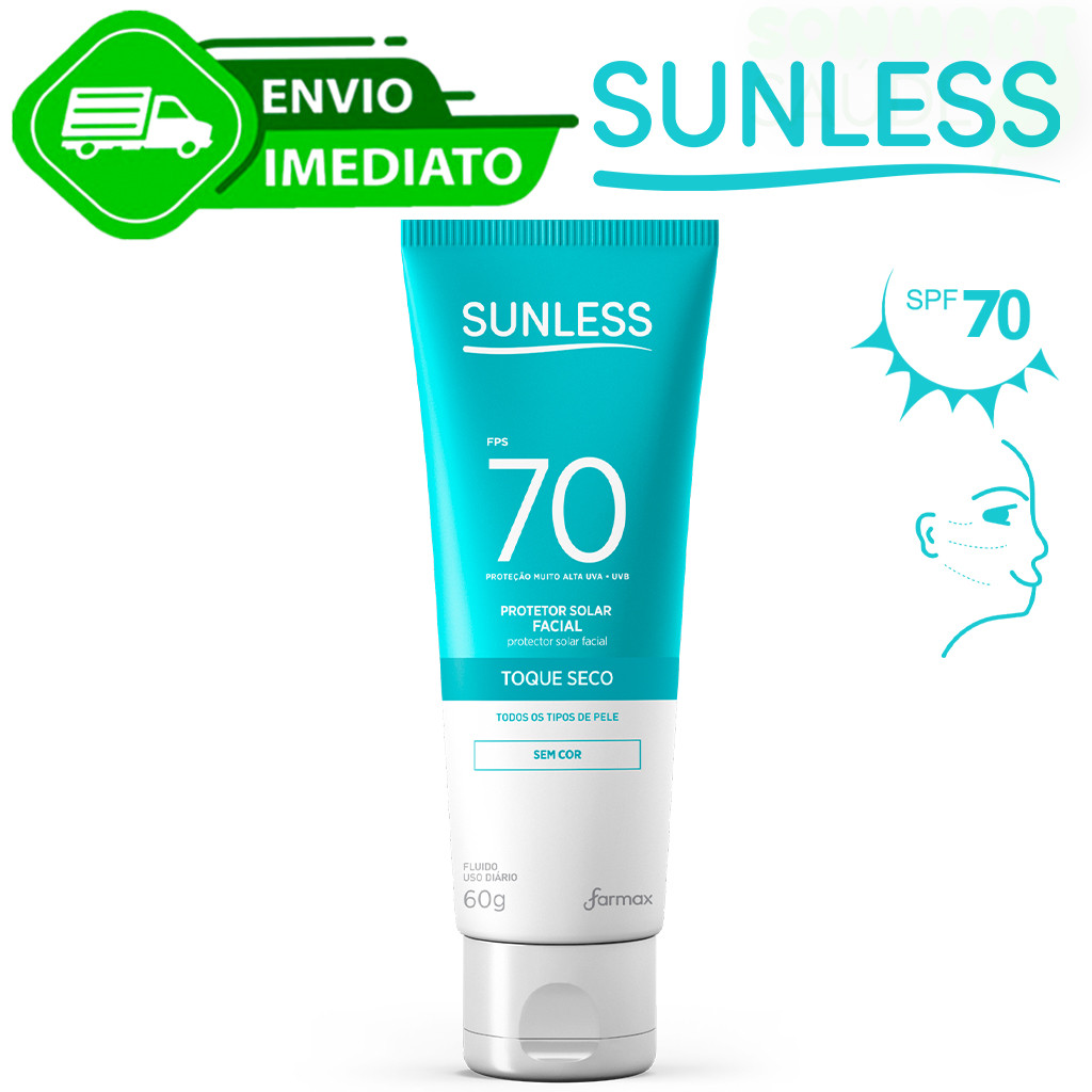 Protetor solar facial Sunless FPS 70 toque seco 60 g sem cor
