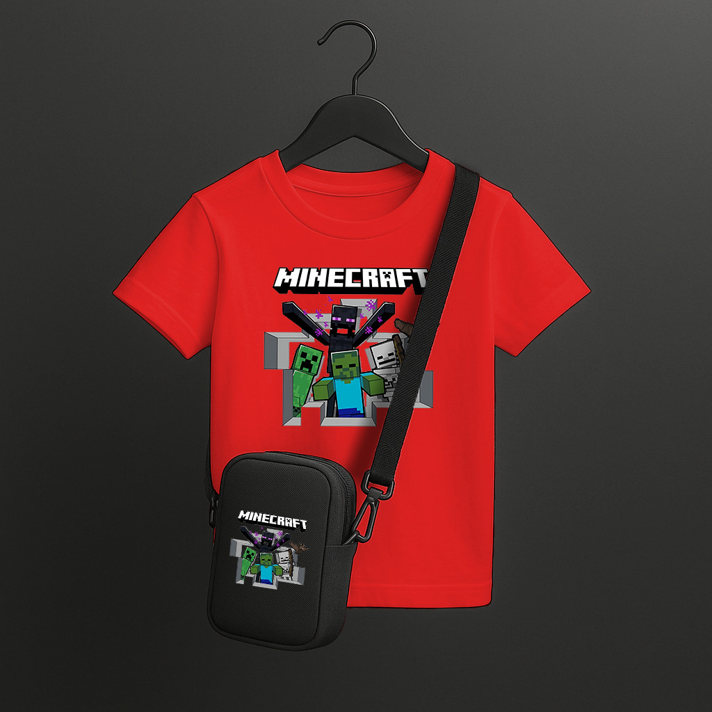 Conjunto Infantil Minecraft – Camiseta Algodão + Bolsa Transversal Mochilinha Unissex Tema Gamer
