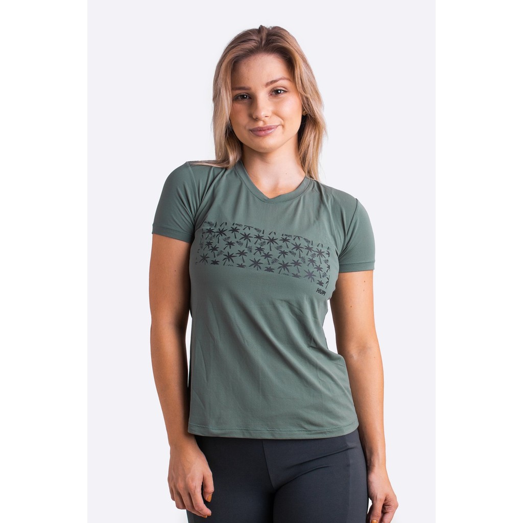 Camiseta HUPI Coqueiral Babylook Feminina Manga Curta Verde Escuro