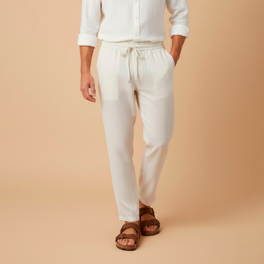 Calça Masculina de Linho Reta Elástico com Cordão Confortável Casual Social Praia Verão Chique Old Money